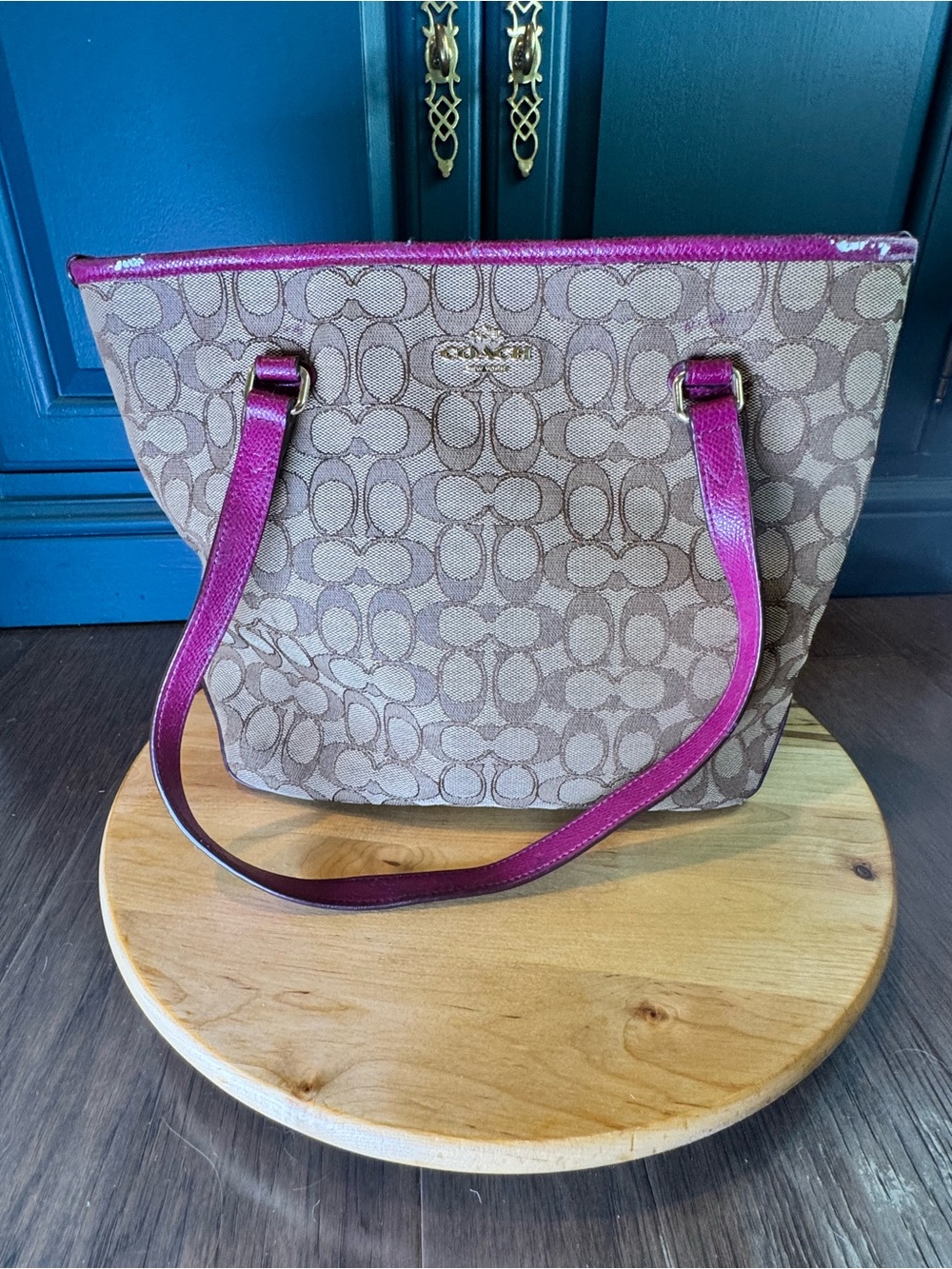 Coach Beige Signature Tote with Magenta Trim and Straps